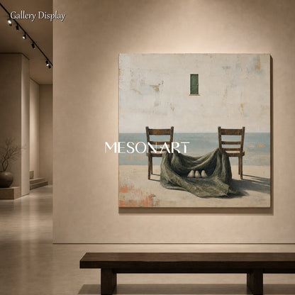 Surrealist Coastal Art With Birds And Chairs For Living Room Decor