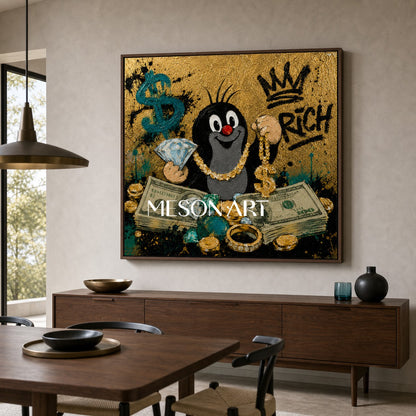 Luxury Pop Art Painting With Gold Texture And Cartoon Mole For Modern Living Room Decor