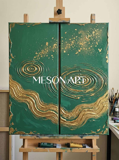 Large Green And Gold Textured Painting For Modern Living Room Art Deco Wall Decor
