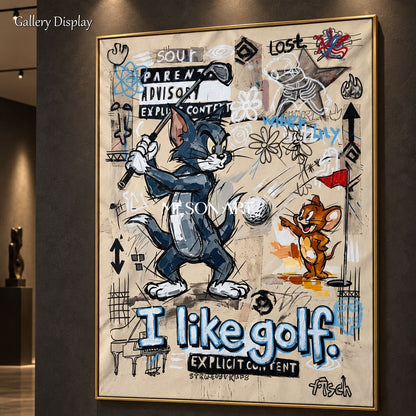 Beige And Black Gaming Art Rectangular Canvas Wall Decor Original Artist Hand Painted Tom And Jerry By Mesonart