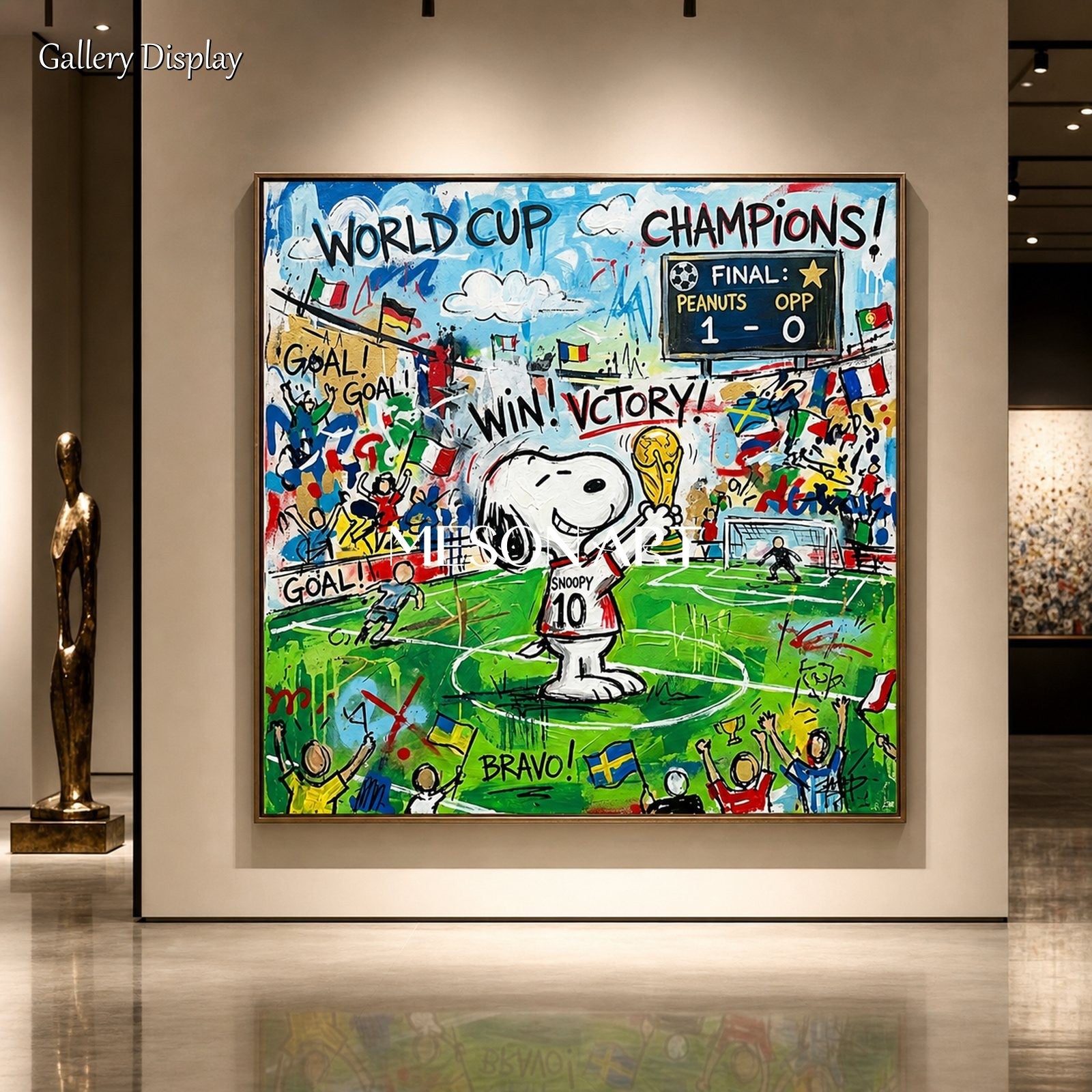 スヌーピーのワールドカップ優勝を題材にしたポップアート絵画。子供