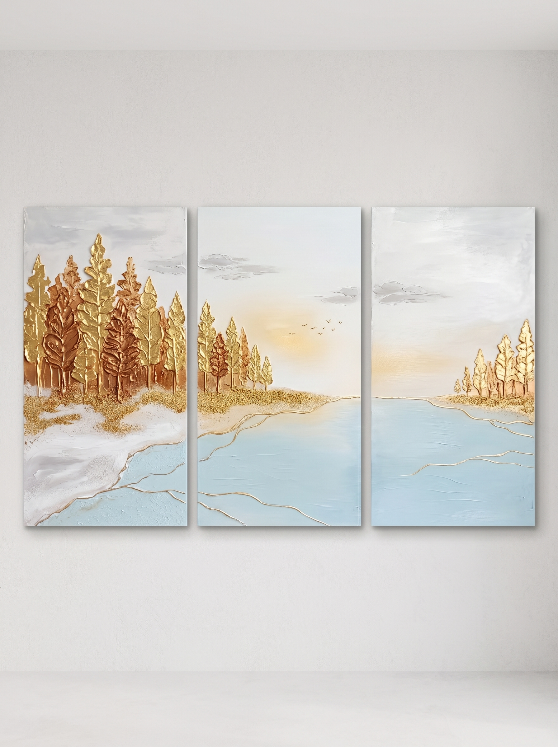 Large Gold Blue Lake Forest Triptych Art Deco Painting With Metallic Accents For Living Room