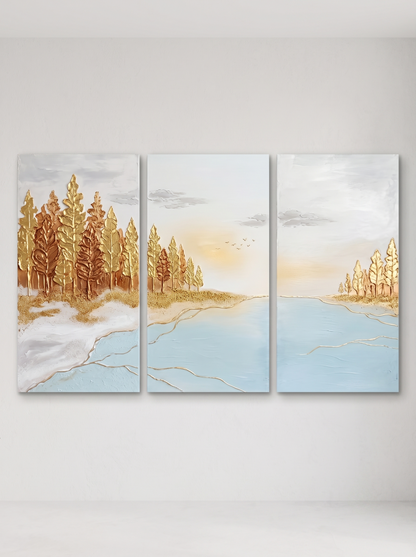 Large Gold Blue Lake Forest Triptych Art Deco Painting With Metallic Accents For Living Room