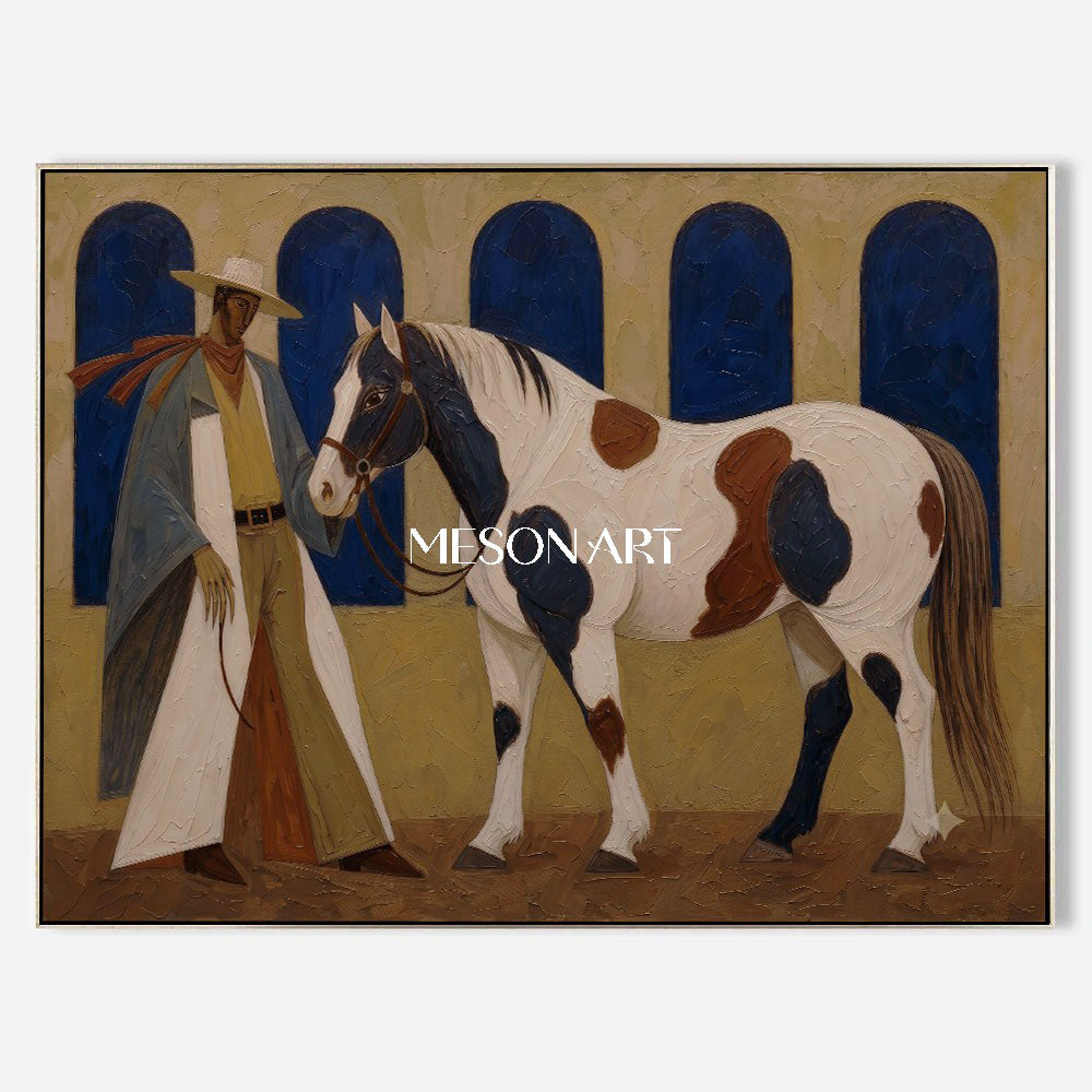 Cowboy And Horse Painting With Impasto Texture For Farmhouse Living Room Decor