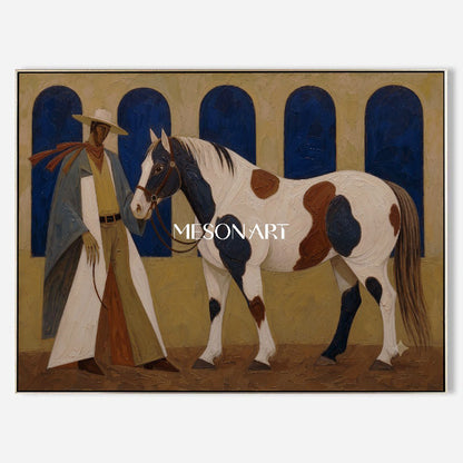 Cowboy And Horse Painting With Impasto Texture For Farmhouse Living Room Decor