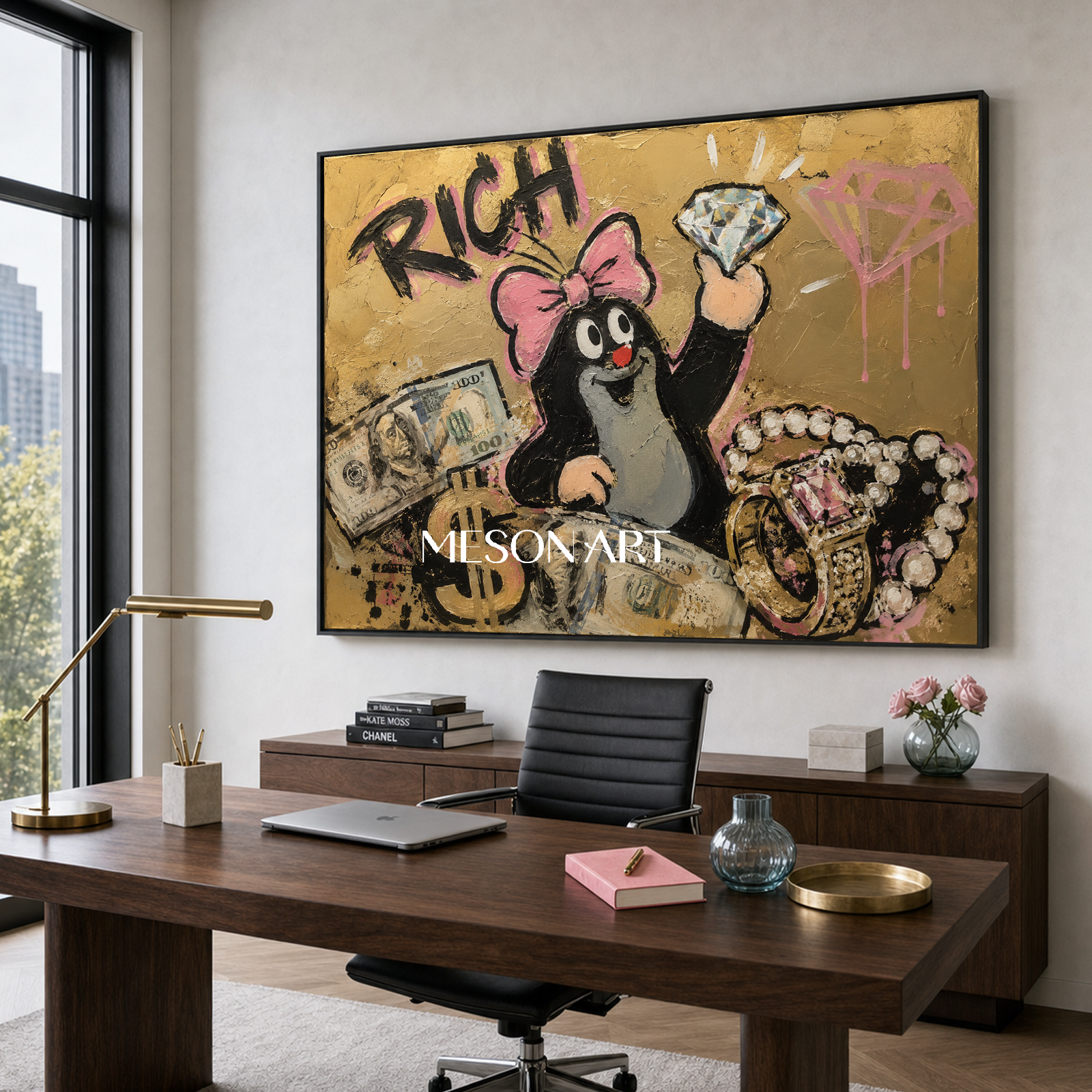 Luxury Graffiti Pop Art Painting With Gold And Pink For Modern Living Room Decor