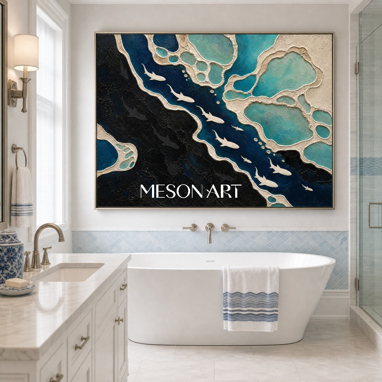 Deep Ocean Shark Migration Abstract Art For Modern Living Room Decor