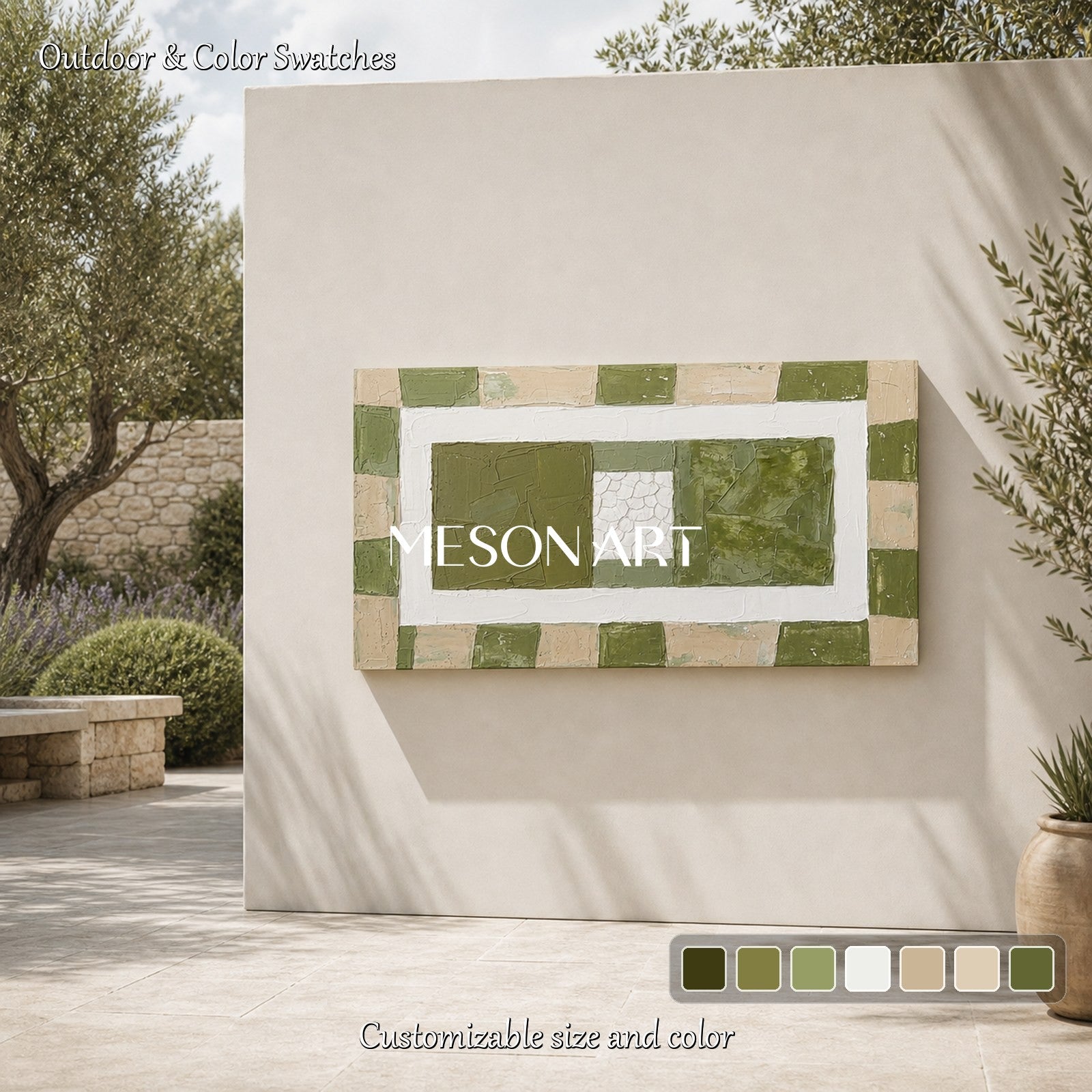 Green Abstract Plaster Texture Art For Modern Living Room Decor With Geometric Design
