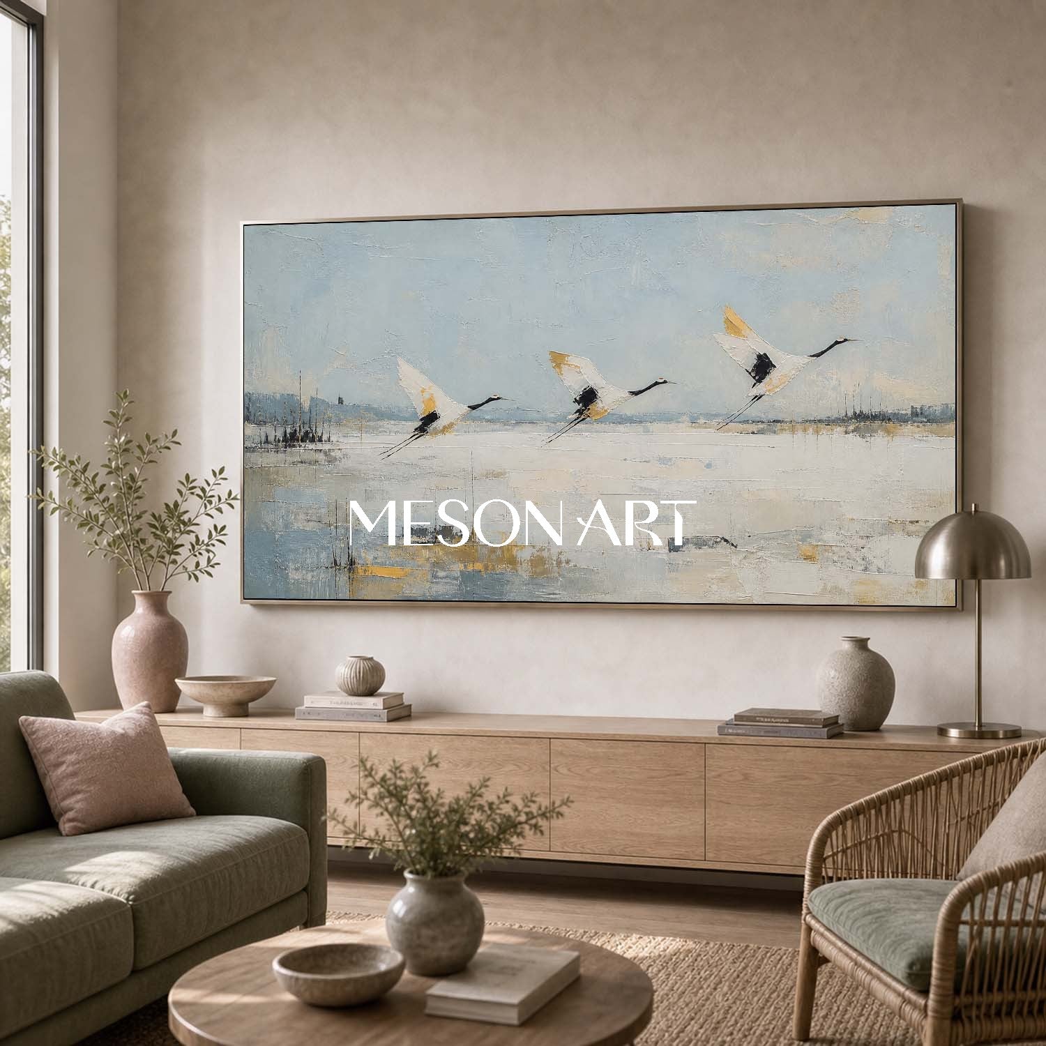 Minimalist Crane Landscape Painting Abstract Blue White Wall Art For Modern Living Room Bedroom Decor