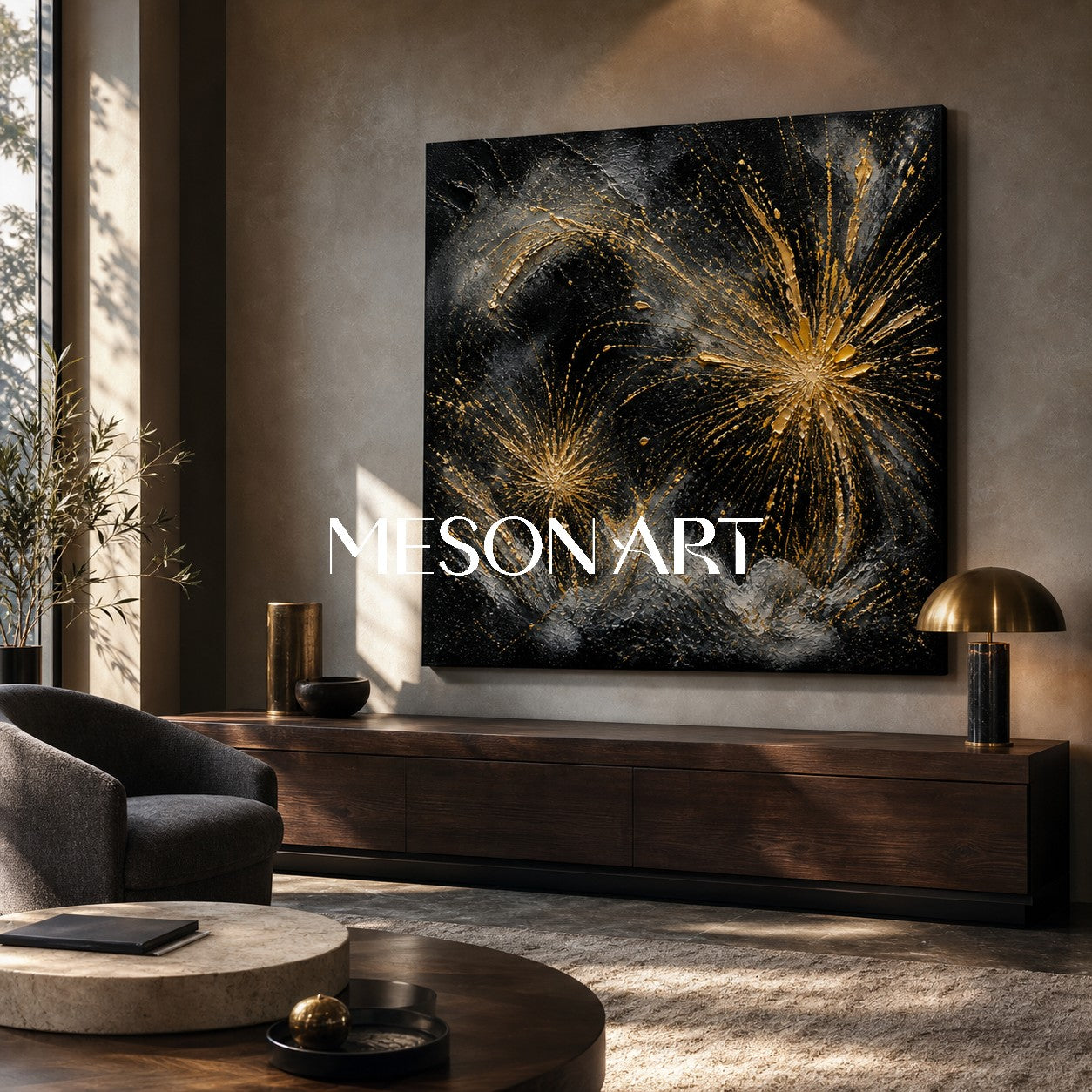 Luxury Black And Gold Abstract Art With Textured Relief For Modern Living Room Decor