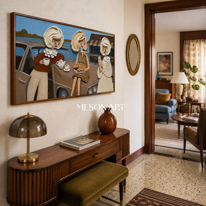 Vintage-Pop-Art-Gemälde mit strukturierten Figuren und Oldtimern für das Wohnzimmer