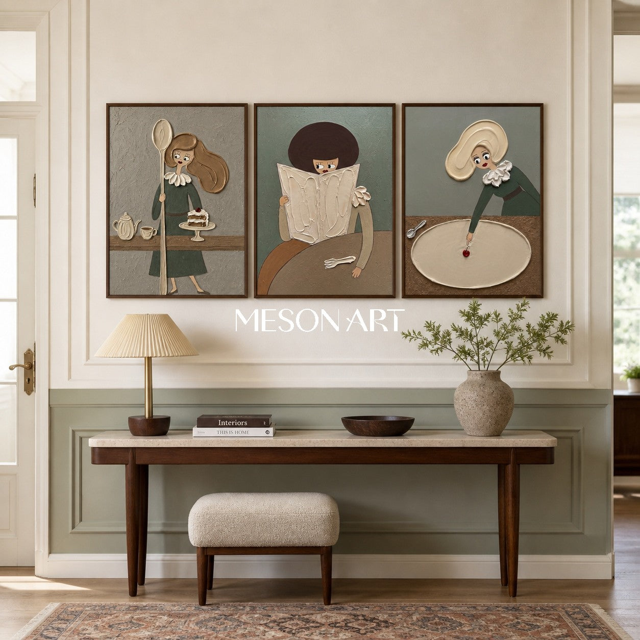 Dipinto figurativo in stile Pop Art con personaggi dei cartoni animati e texture in gesso, ideale per l'arredamento di una sala da pranzo moderna