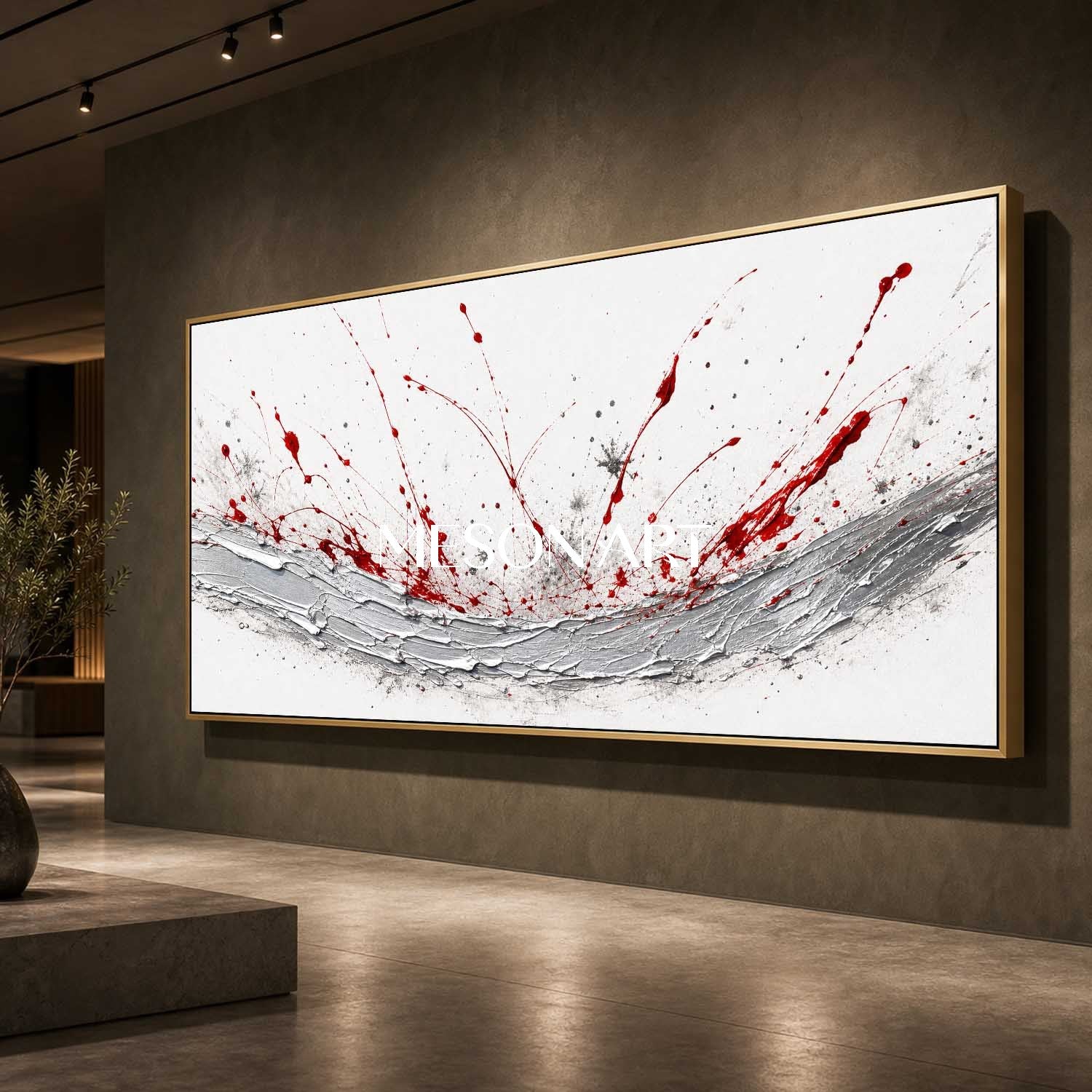 Bold Red And Silver Abstract Art Painting With Palette Knife Texture For Modern Living Room Decor