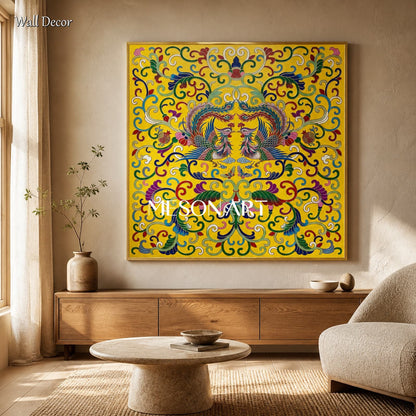 Yellow And Gold Persian Decorative Art Ottoman Inspired Arabesque Islamic Wall Square Painting By Mesonart