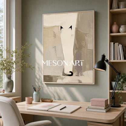 Minimalist Cat Abstract Art With Textured Beige And Black Tones For Contemporary Home Decor