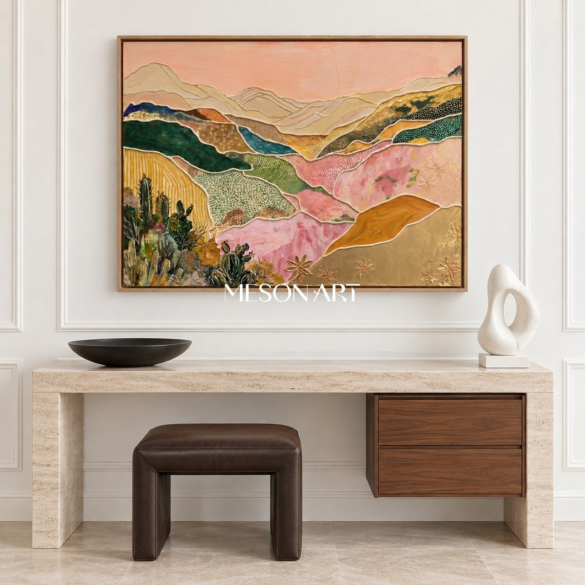 Pink And Gold Desert Landscape Textured Art Contemporary Organic Cactus Relief By Mesonart