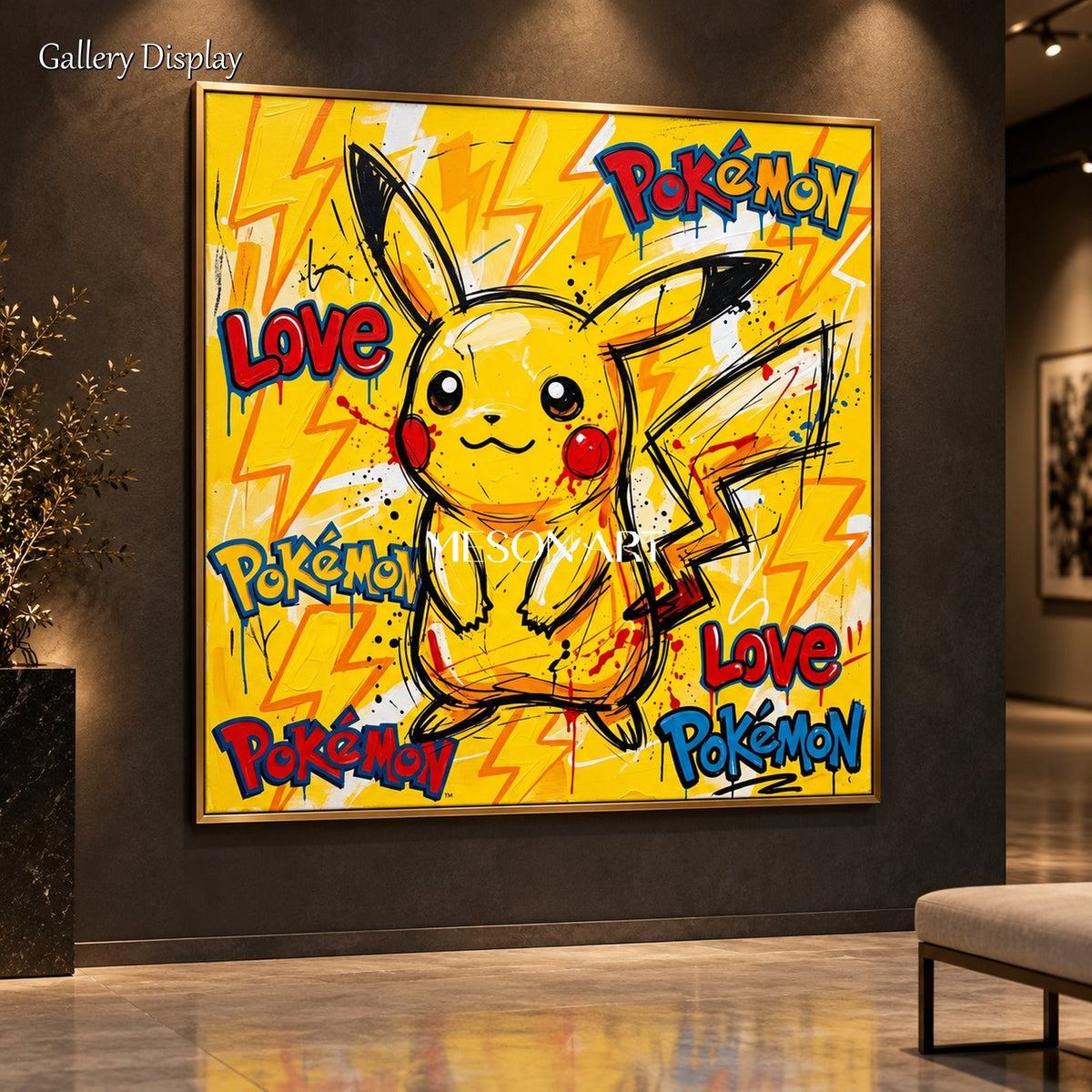 Yellow And Red Pokemon Pop Art Painting KAWS Style Square Wall Art For Living Room By Mesonart