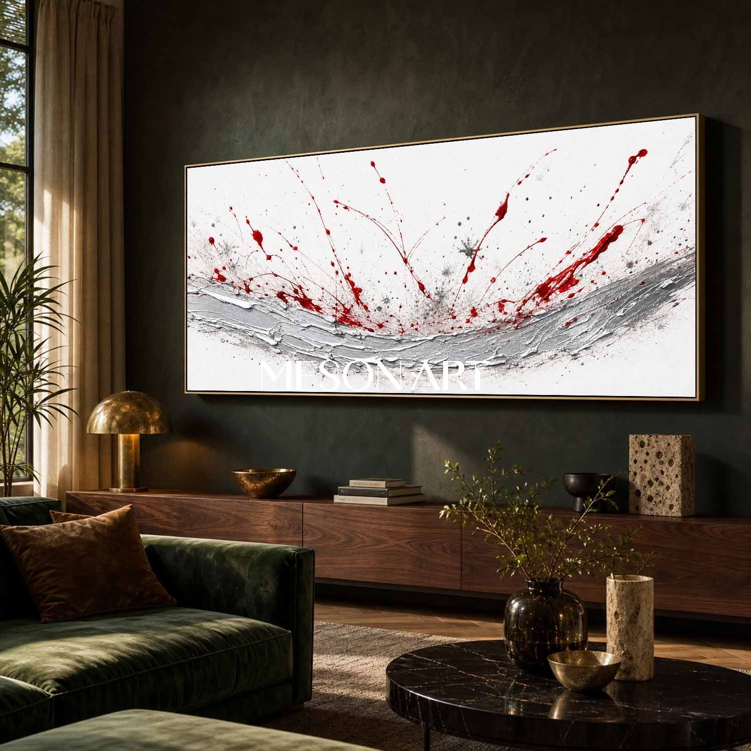 Bold Red And Silver Abstract Art Painting With Palette Knife Texture For Modern Living Room Decor
