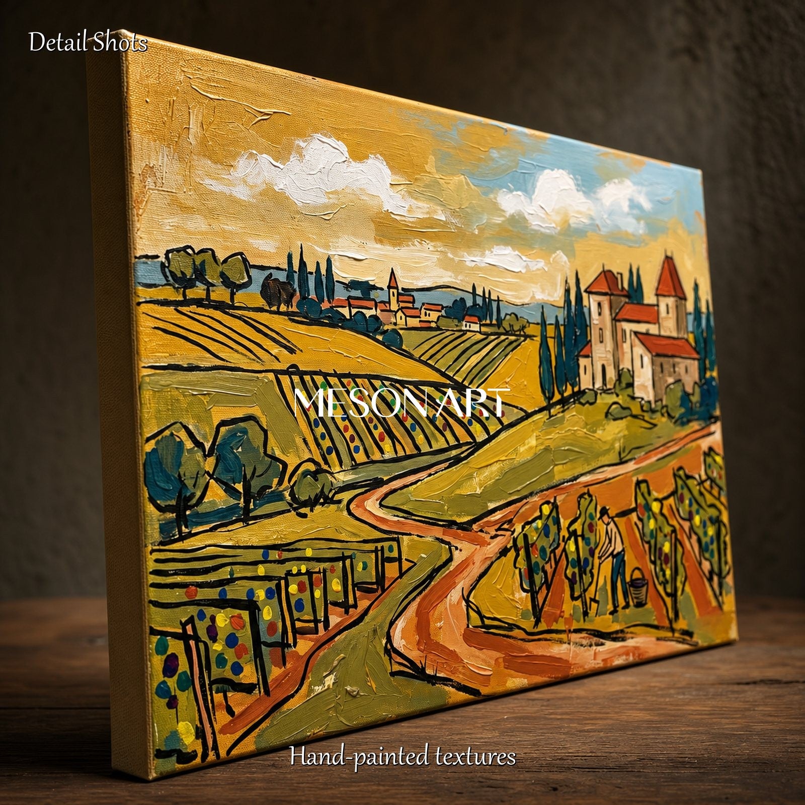 Gold And Green Wine Countryside Contemporary Figurative Original Painting Rectangular Wall Art For Dining Room By Mesonart