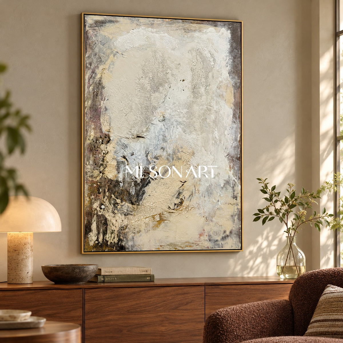 Neutral Black And White Abstract Painting Modern Textured Canvas Wall Art For Living Room By Mesonart