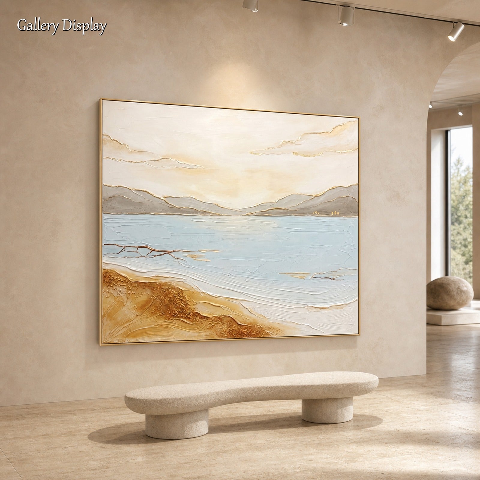 Quadro Art Déco raffigurante l’alba sul lago, con sabbia a rilievo e dettagli dorati, per il soggiorno
