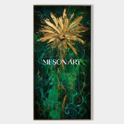 Emerald Green And Gold Abstract Painting In Pollock Style For Living Room