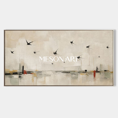 Minimalist Swallow Canvas Art Abstract Beige Painting For Modern Living Room Decor