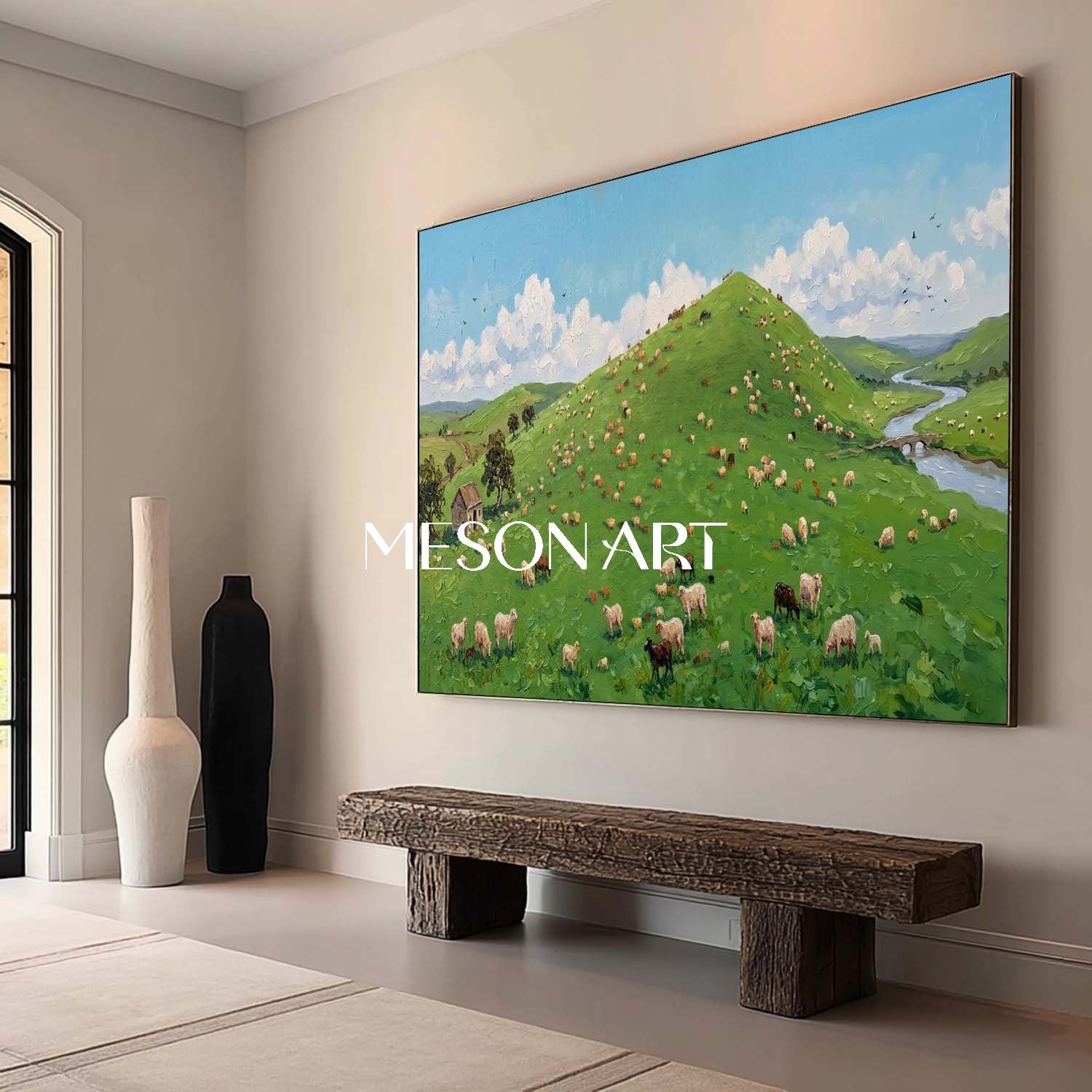 Square Canvas Farm Scene Painting Ideal For Bright And Welcoming Entryway
