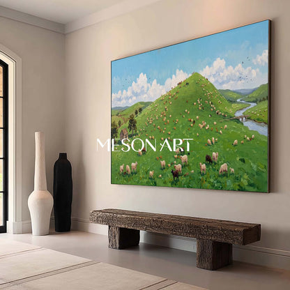 Square Canvas Farm Scene Painting Ideal For Bright And Welcoming Entryway