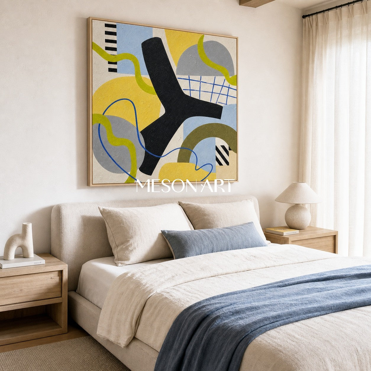 Colorful Abstract Geometric Art With Yellow And Blue For Modern Living Room Decor
