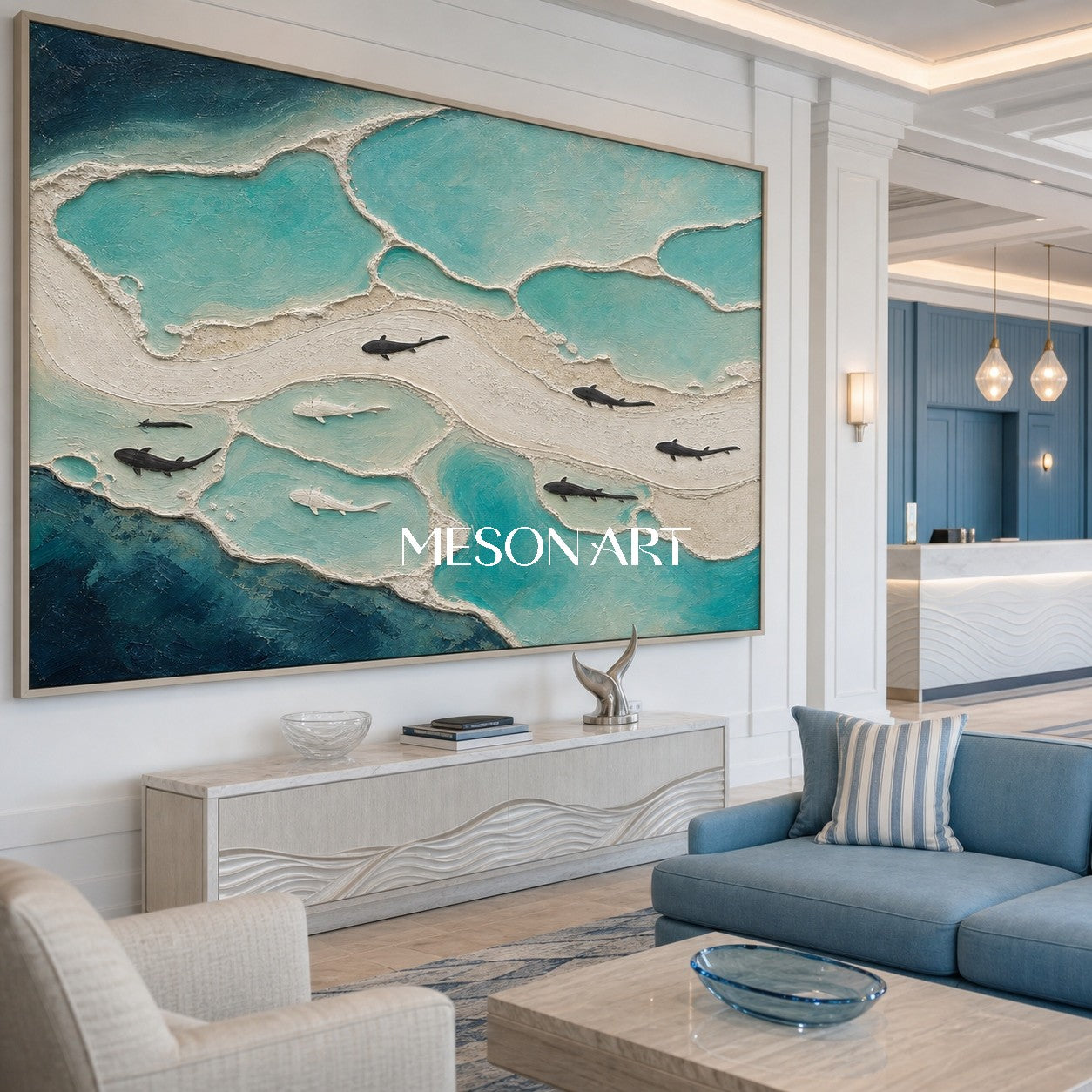 Textured Ocean Wall Art With Fish Silhouettes For Coastal Living Room Decor