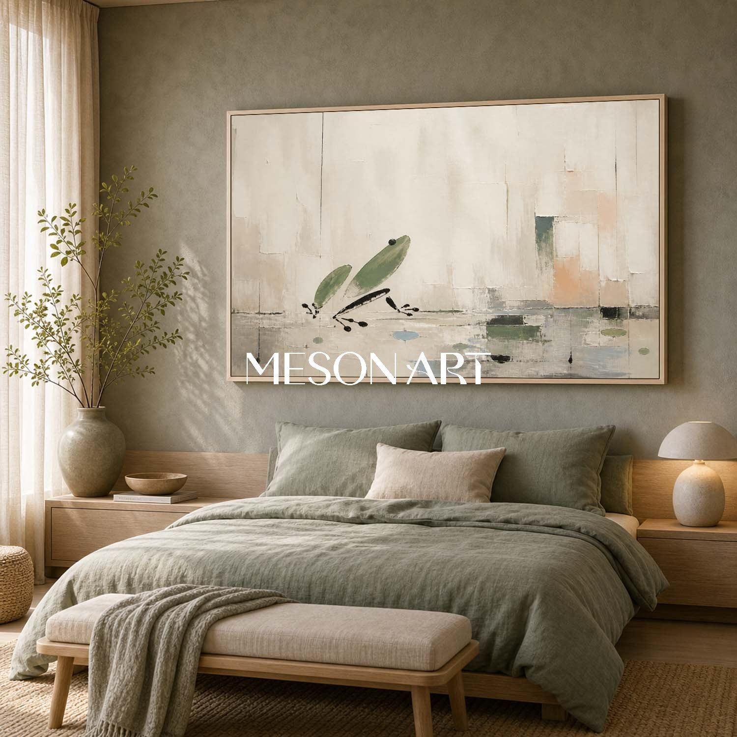 Minimalist Frog Abstract Painting On Linen Canvas For Modern Living Room And Bedroom Decor