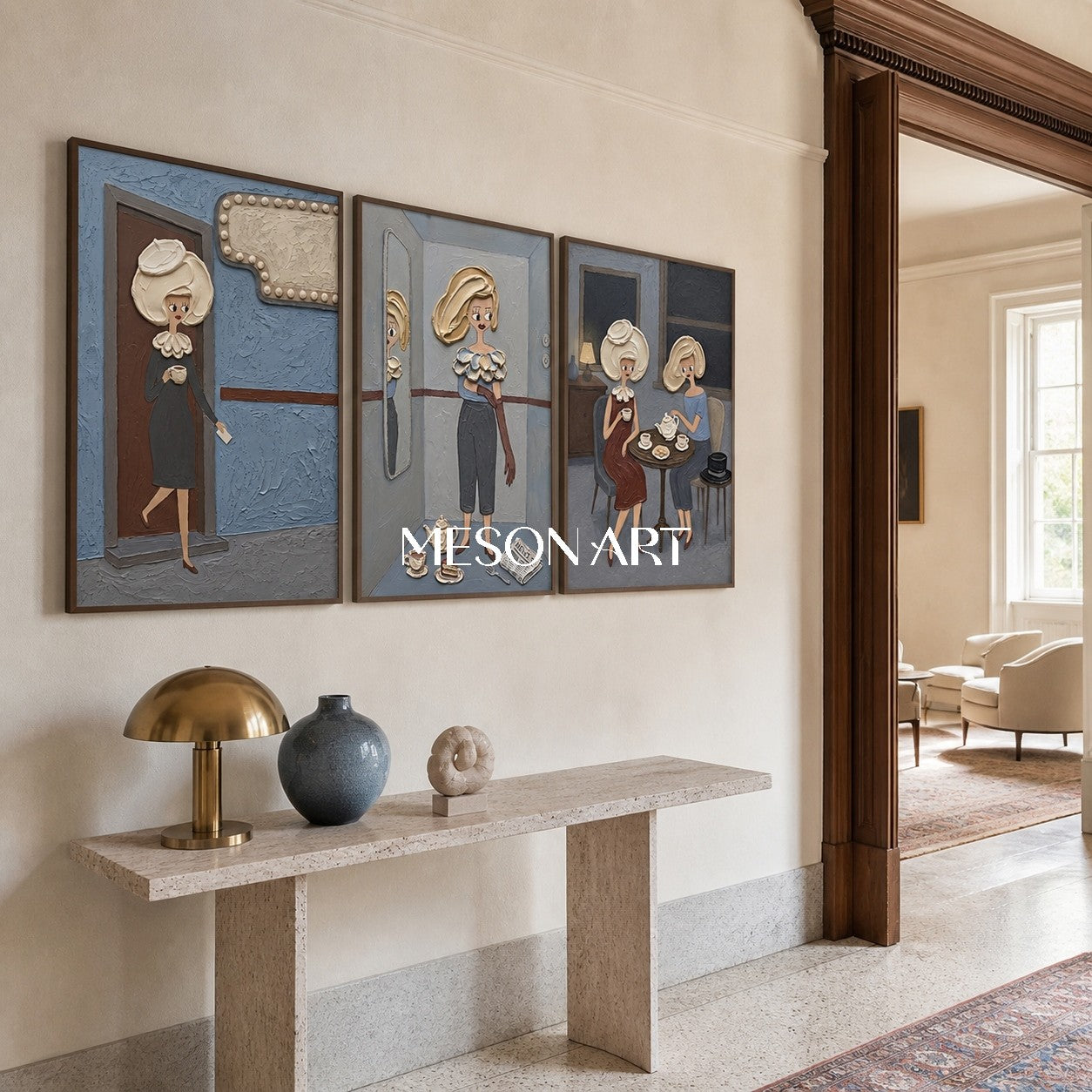 Elegante trittico in stile Pop Art con figure in rilievo per un arredamento moderno