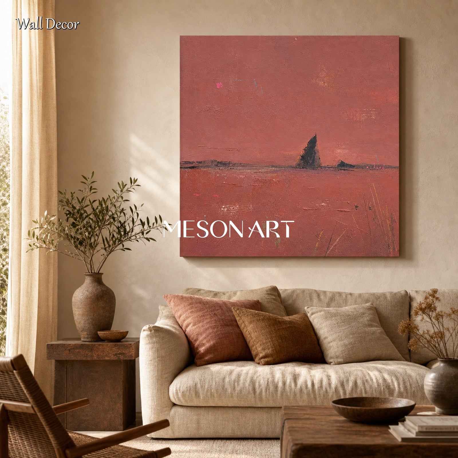 Pink Abstract Landscape Painting Minimalist Wall Art For Modern Living Room Decor
