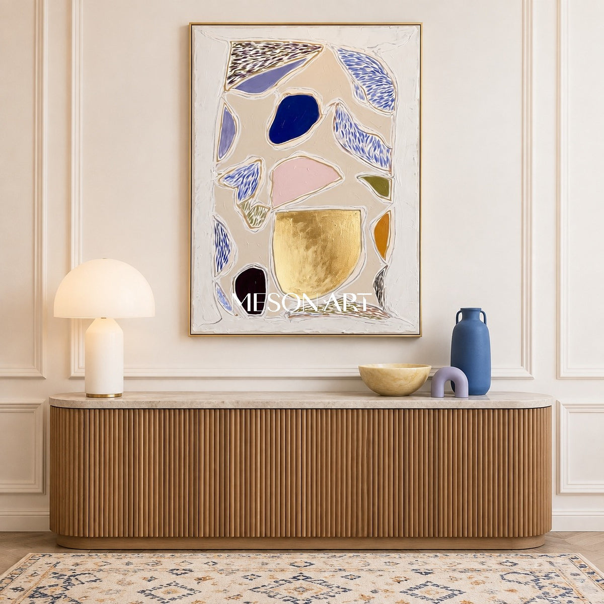 Beige And Blue Minimal Abstract Geometric Textured Rectangular Wall Art Original Artist By Mesonart