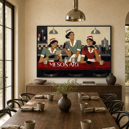 Art Deco Figurative Painting With Geometric People For Modern Living Room And Dining Room Decor