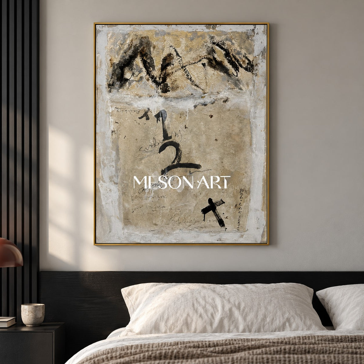 Black And Beige Abstract Art Original Mixed Media Painting Rectangular Wall Decor For Living Room By Mesonart