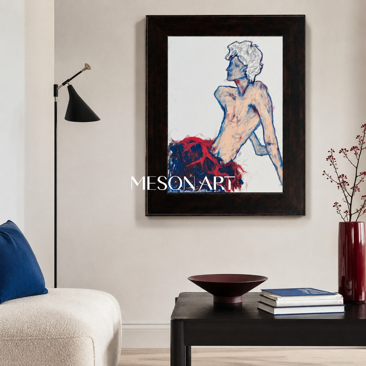White And Red Contemporary Figurative Painting Original Artist Hand Painted Rectangular Wall Art Collectible Fine Luxury Art By Mesonart