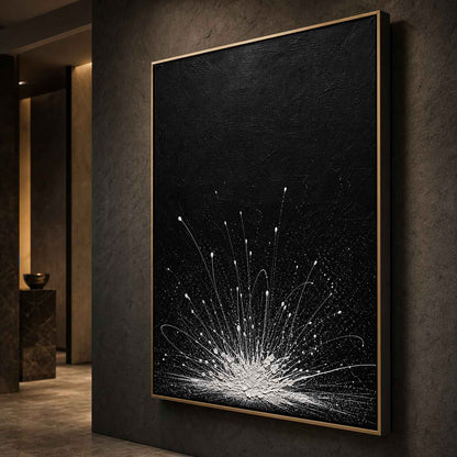 Abstract Black White Explosion Painting Original Oil Art For Modern Living Room Entryway Decor