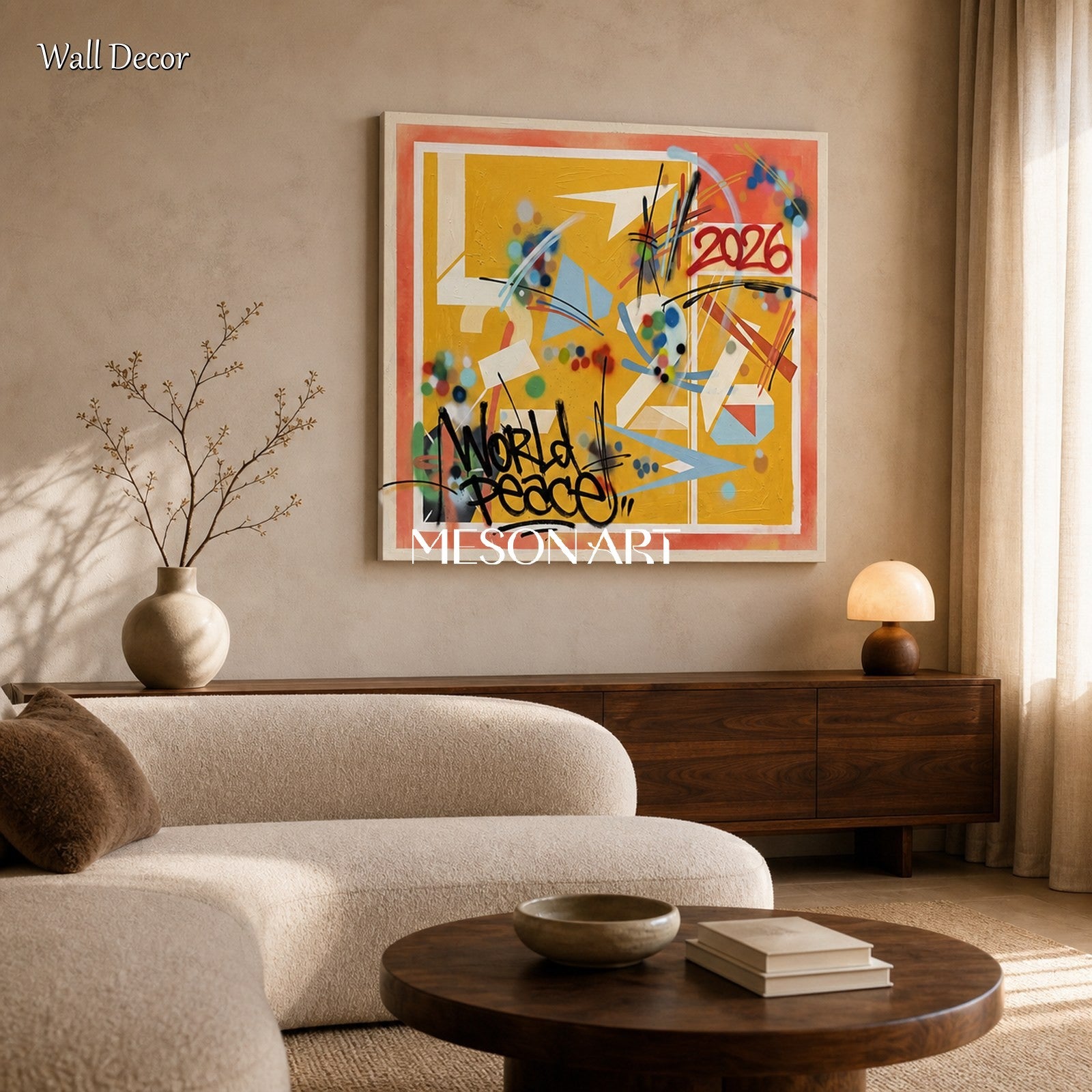 Yellow Graffiti Painting Banksy Style Square Wall Art For Living Room By Mesonart