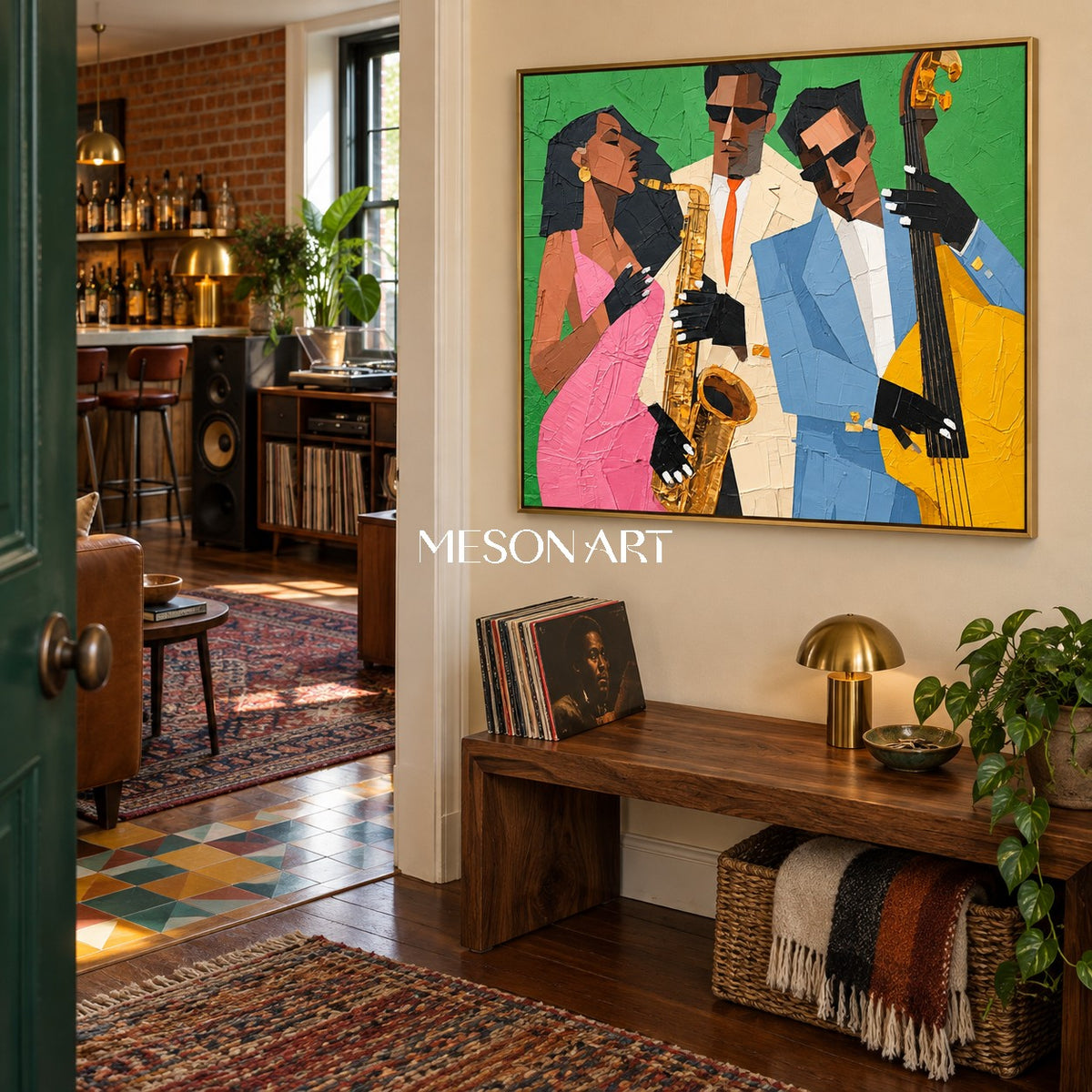 Green And Pink Pop Art Jazz Painting Modern Figurative Geometric Textured Musical Rectangular Wall Art By Mesonart