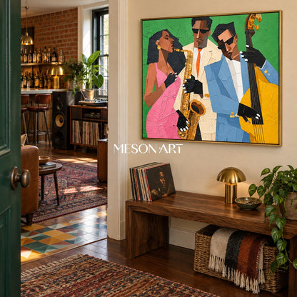 Green And Pink Pop Art Jazz Painting Modern Figurative Geometric Textured Musical Rectangular Wall Art By Mesonart