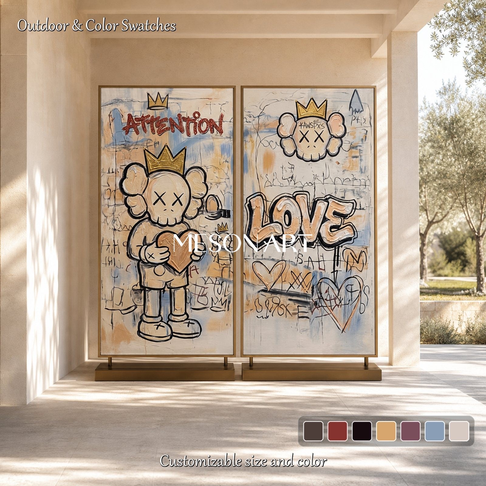 Large Beige Kaws Original Artwork Set With Gold Crown And Heart Motifs For Modern Living Room Decor