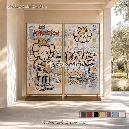Large Beige Kaws Original Artwork Set With Gold Crown And Heart Motifs For Modern Living Room Decor