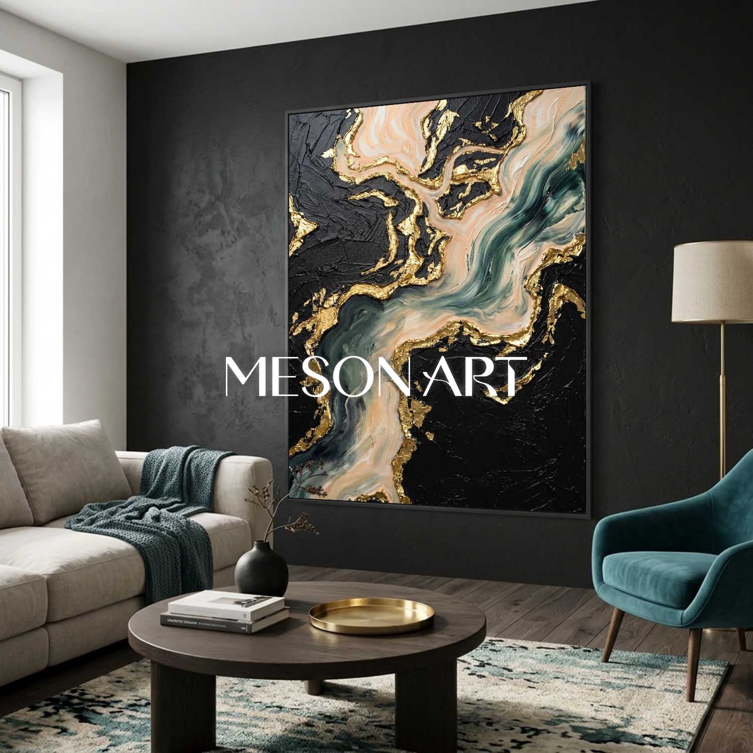Luxury Abstract Seascape Painting With Gold Leaf Texture For