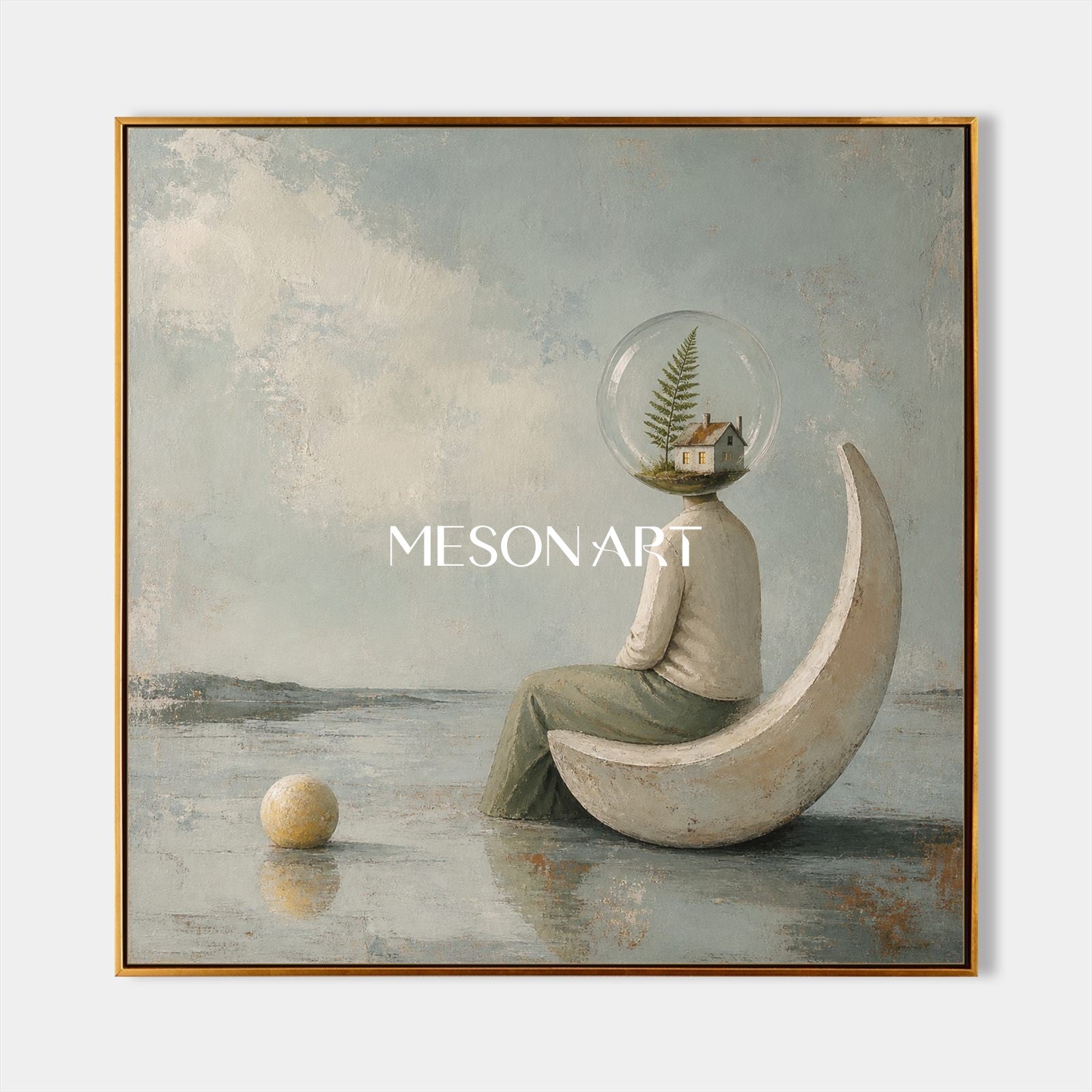 Surrealist Oil Painting With Glass Bubble Head For Living Room And Study Decor