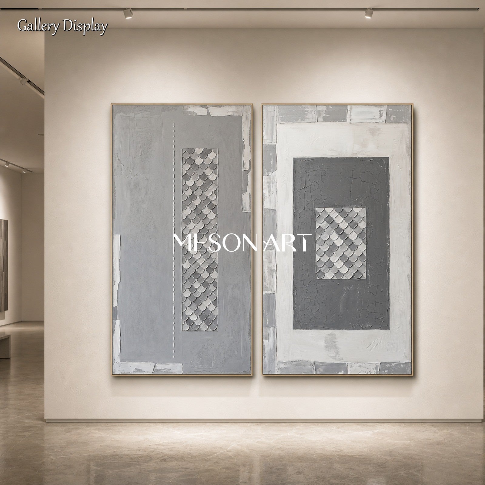 Large Gray White Textured Wall Art Diptych Abstract Geometric Painting For Living Room