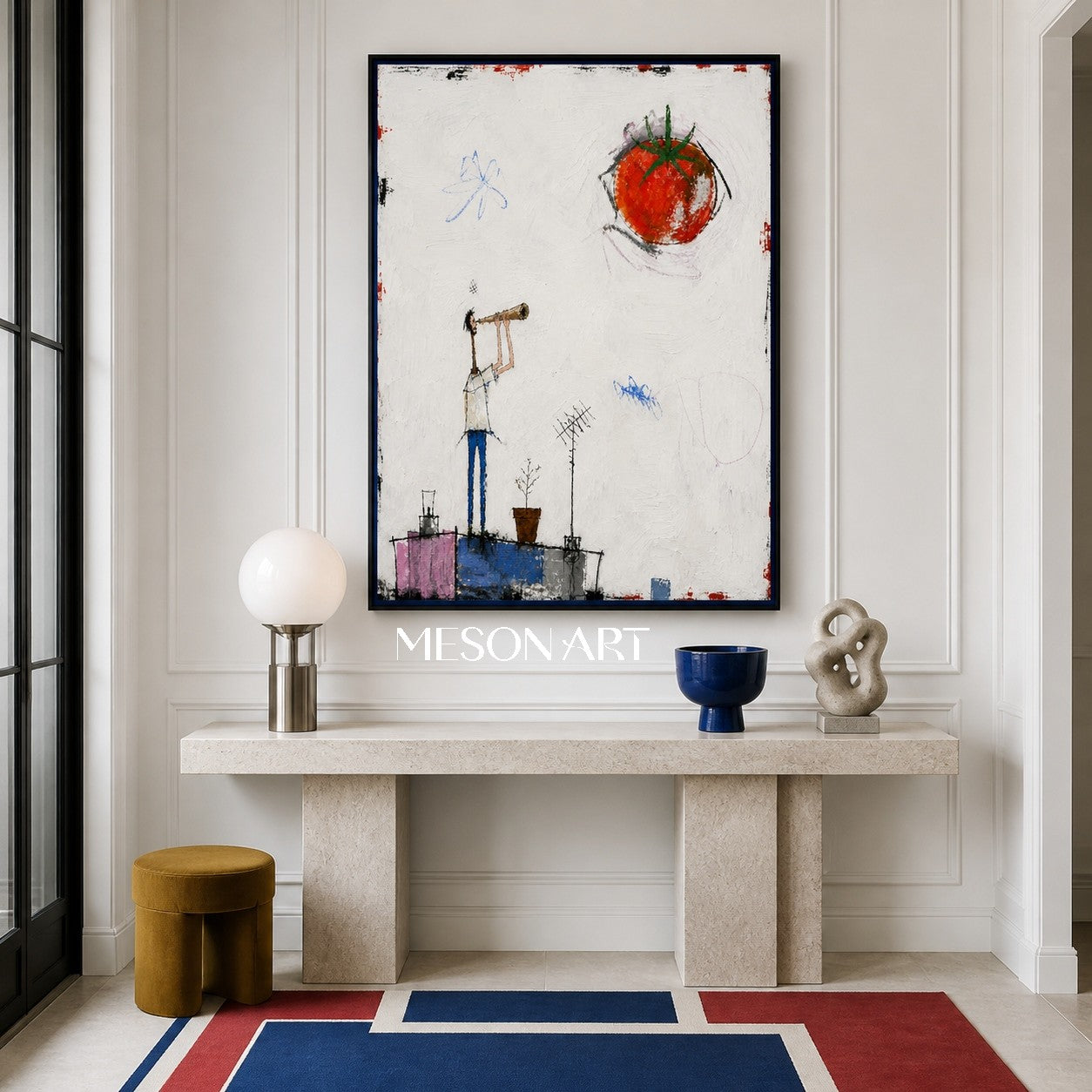 Red And White Graffiti Figurative Art Minimal Tomato Telescope Rectangular Wall Decor By Mesonart