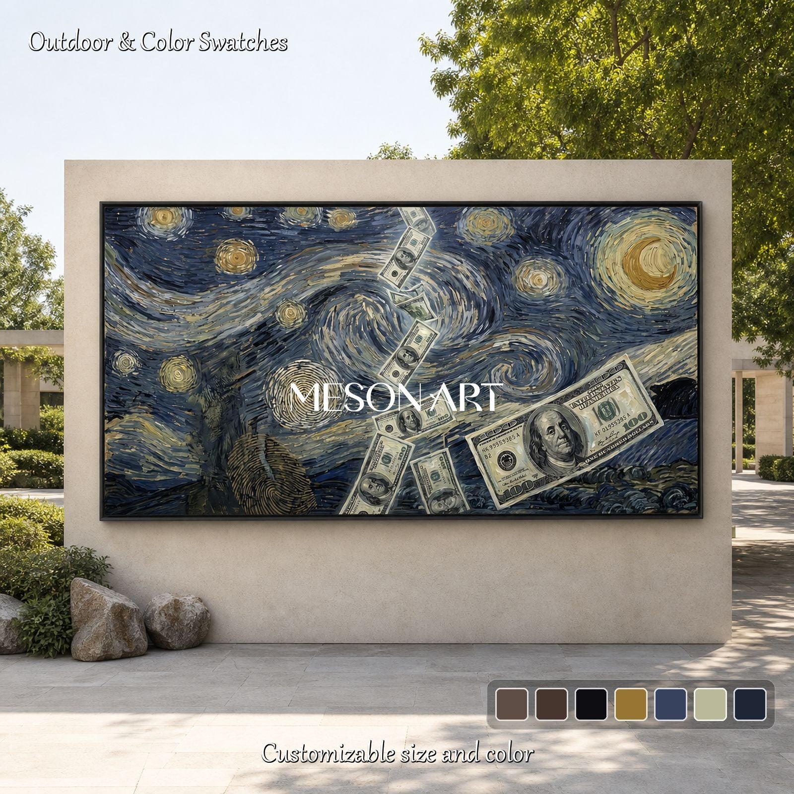 Blue And Gold Surrealist Art Van Gogh Style Panoramic Wall Decor For Living Room By Mesonart
