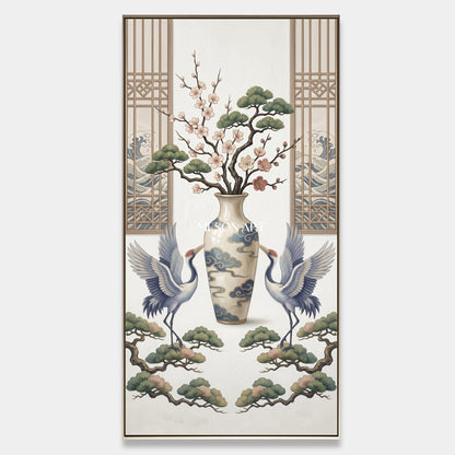 White Crane Painting For Living Room Elegant Chinoiserie Wall Art With Floral Vase